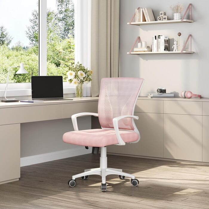 Офісний стілець Yaheetech ергономічний з сітчастою спинкою, регульований, з підлокітниками, до 136 кг (Рожевий)