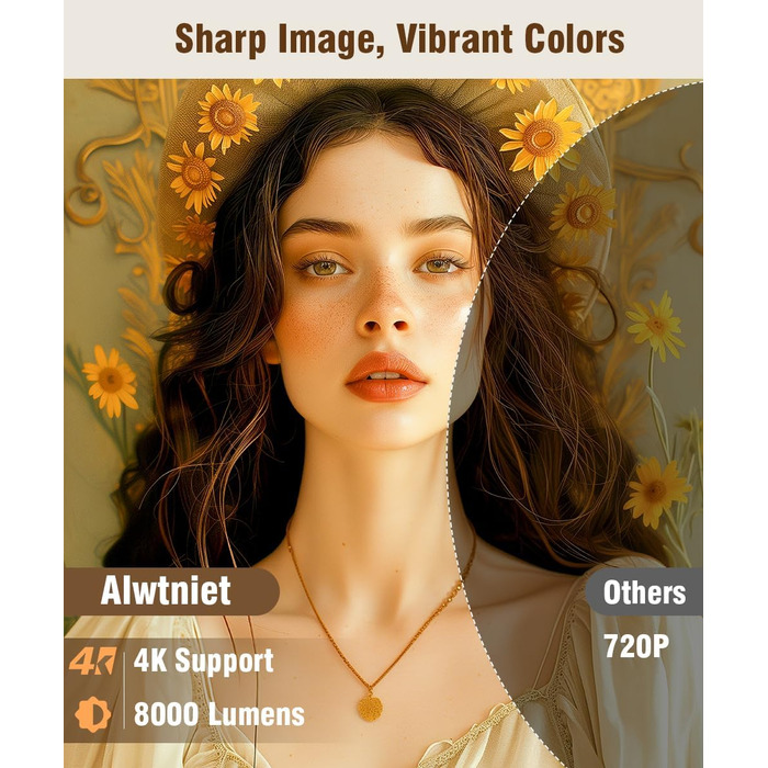 Міні проектор Alwtniet 4K з Wi-Fi 6, Bluetooth 5.4, 5W динаміком, автоматичною корекцією трапецеїдальних спотворень, поворотним на 180°, портативний для дому та вулиці (Android 11)