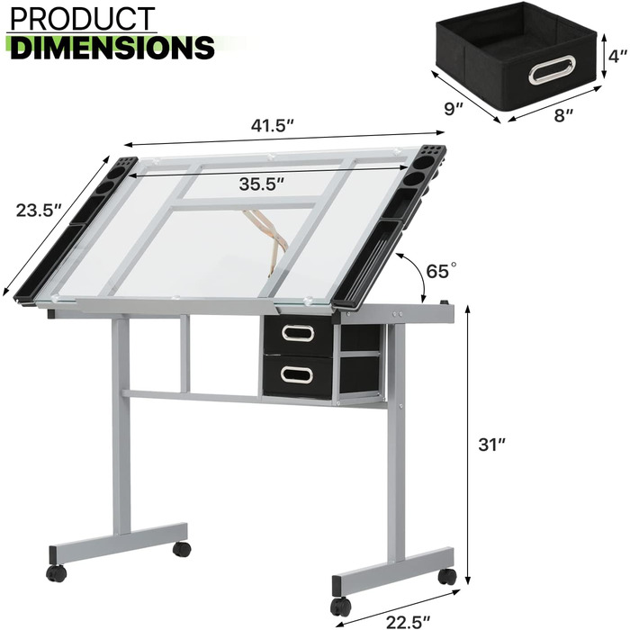 Регульований стіл для малювання Magshion з нахиленою скляною стільницею, переносний з 2 шухлядами та колесами, для художників, студентів (прозорий)
