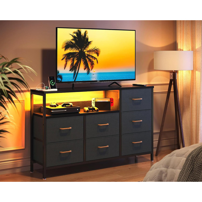 Комод Coleshome з висувними ящиками, світлодіодною підсвіткою, 2 USB та 2 розетки AC, 7 тканинних ящики, для спальні/вітальні, 132*30*89 см, чорний