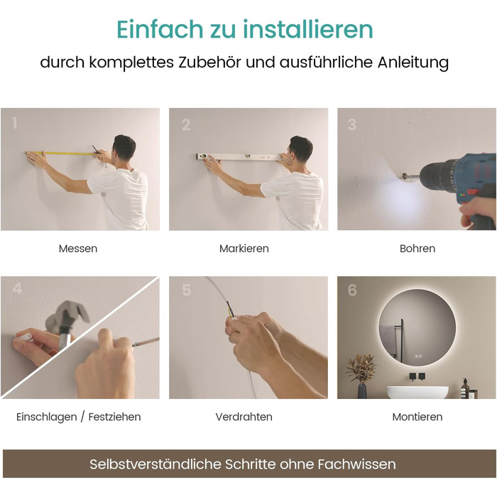 Дзеркало для ванної кімнати EMKE круглої форми з підсвічуванням 80 см – кругле дзеркало з 3 кольорами світла, регулюванням яскравості, сенсорним управлінням, функцією пам'яті, енергозберігаюче – для ванної кімнати та на стіну (60L x 60B cm)