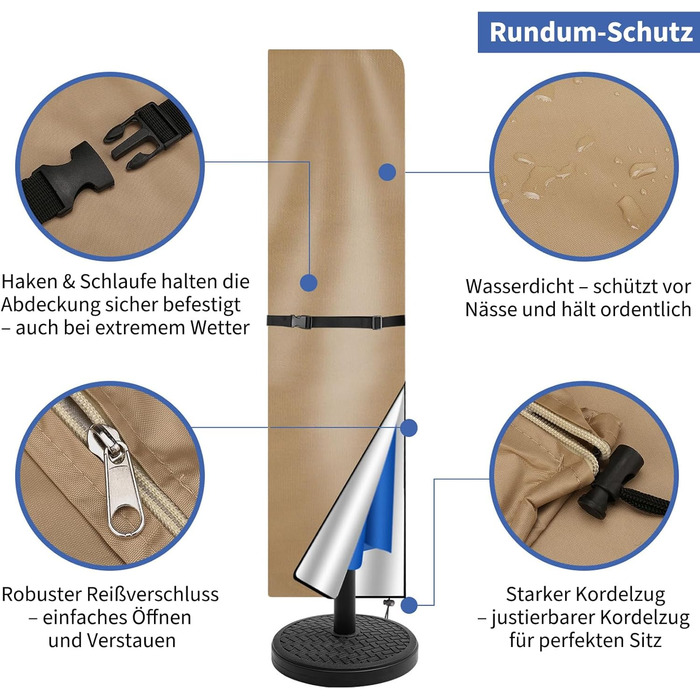 Чохол для парасольки/маркетки 240x57/57см, захисний чохол від сонця, UV захист, для парасольки до 400см Ø, коричневий/хакі