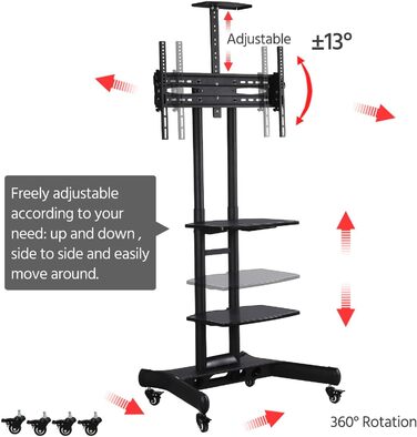 Візок для телевізора Yaheetech 32-65 дюймів VESA від 200x200 до 600x400 мобільний регульований 3 полиці з гальмом