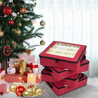 Коробка для зберігання новорічних прикрас з перегородками, 4 шт. Складана коробка для ялинкових іграшок, органайзер для куль, з ручками, червона