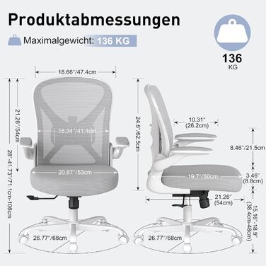 Ергономічне крісло для офісу ZZH з сітчастою спинкою, регульованою поперековою підтримкою та підйомними підлокітниками, дихаючий комп'ютерний стілець для дому з обертанням на 360° та регулюванням висоти, сірий