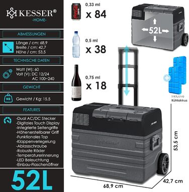Холодильник-морозильник KESSER® Kompressor 52 л, з керуванням через APP, USB, 12/24/230V, -20°C, для авто/човнів, з телескопічною стійкою та коліщатами