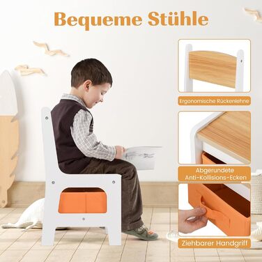 Дитячий стіл COSTWAY з 2 стільцями та місцем для зберігання, 4 в 1, з дерева, для дітей від 3 років (натуральний колір)