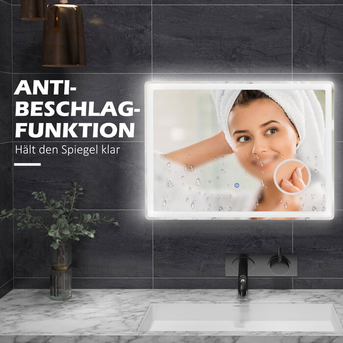 Дзеркало для ванної кімнати зі світлодіодним підсвічуванням, 3-кратним збільшенням, сенсорним керуванням, функцією пам'яті, запобіганням запотіванню, розміром 80 x 60 см