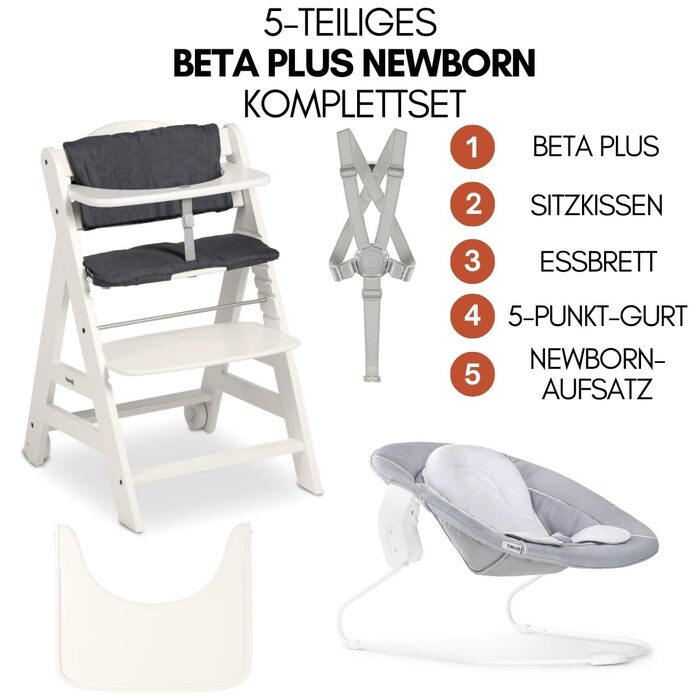 Високий стільчик для годування Hauck Beta+ Newborn Set - комплект для новонароджених, від народження з 2-в-1 функцією гойдалки, подушкою для сидіння та підносом для їжі (білий)