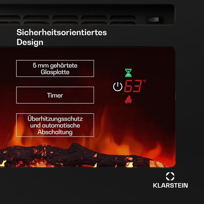 Електрокамін Klarstein Galeras Smart 1800 Вт, LED-полум'я, керування через додаток та пульт, регулювання кольору і яскравості, захист від перегріву, настінний, чорний, 178×47×13 см
