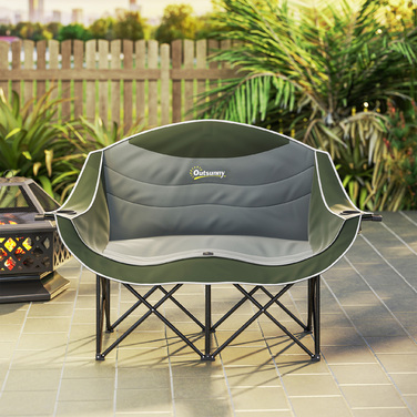Зручний розкладний двомісний стілець для кемпінгу з підстаканником та сумкою для перенесення, витримує до 250 кг. Колір: зелений.