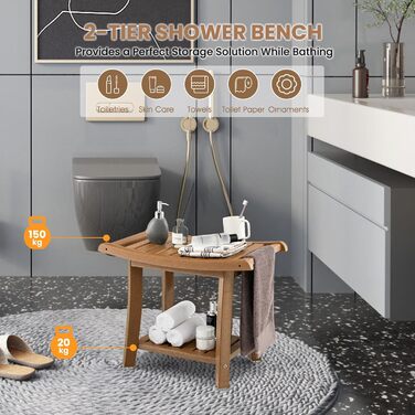 Двомісний стілець для душу HOMASIS з полицею, витримує до 170 кг, з HDPE, з 2 ручками та антиковзними накладками, для літніх людей та дорослих (колір: коричневий)