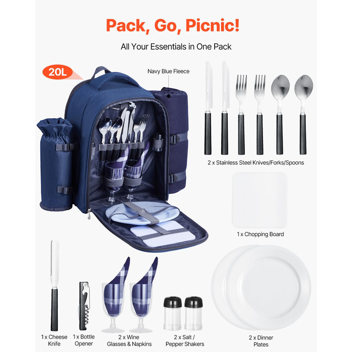 Рюкзак для пікніка VEVOR (20 л) на 2 особи з ізольованим відділенням, тримачем для пляшок/вина, ковдрою та набором посуду для пікніків, походів та кемпінгу, темно-синій