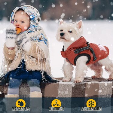 Зимове пальто для собак Nasjac зі знімною упряжкою, водонепроникна флісова тепла куртка для маленьких собак середнього розміру, світловідбиваючий регульований жилет для собак з хутром, жилет для мисливців на відкритому повітрі (XXL (груди 43-47 см), Черво