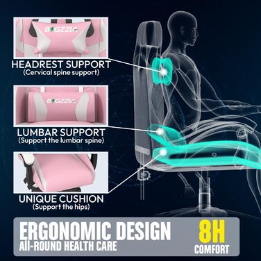 Ігровий крісло Bigzzia Ergonomic з підігрівом, рожево-білий, для геймерів, комп'ютерне, з підголівником та підлокітниками