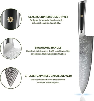 Набір ножів Sunnecko 6 предметів з блоком: кухонні ножі з дамаської сталі, ергономічні ручки, кухонні ножиці, тримач для ножів, дерев'яний блок