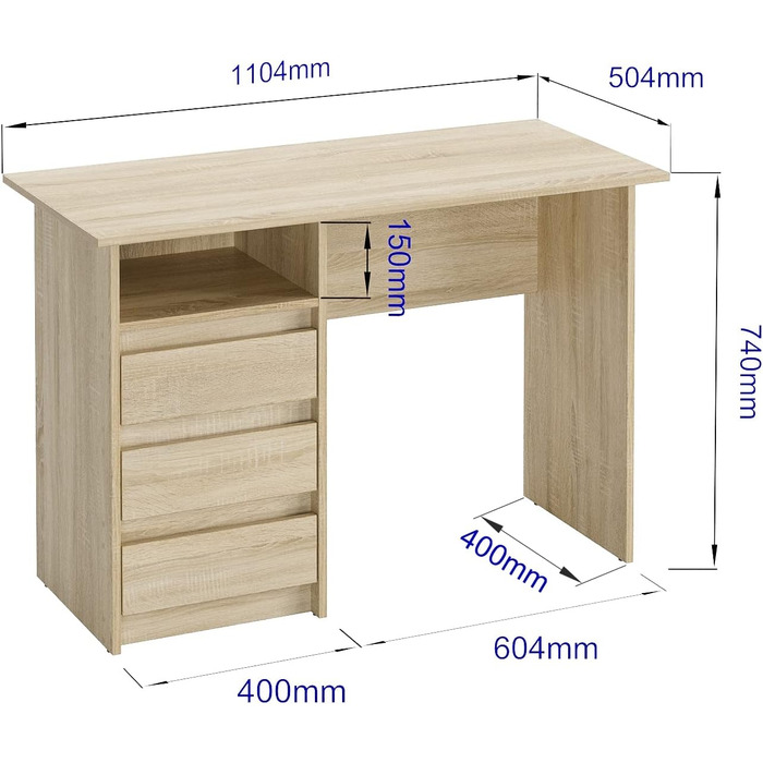 Письмовий стіл KOMTO з шухлядами - Офісний стіл, Комп'ютерний стіл, Маленький робочий стіл, Стіл для офісного ПК, Дитячий стіл з місцем для зберігання Письмовий стіл Сонома Дуб Білий Осло 110 x 50 x 74 см (Без ручок, дуб Сонома)