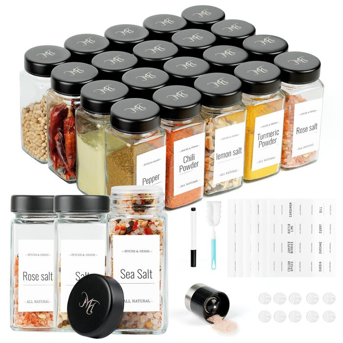 Набір скляних банок для спецій FRIBERG з дозатором, 20 шт. по 120 мл, з нержавіючою кришкою, чорний