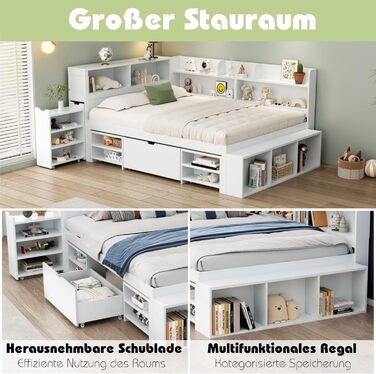 Дитяче ліжко 90x200 з ящиками, полицями та бар'єром, функціональне ліжко з дерева, без матраца, біле