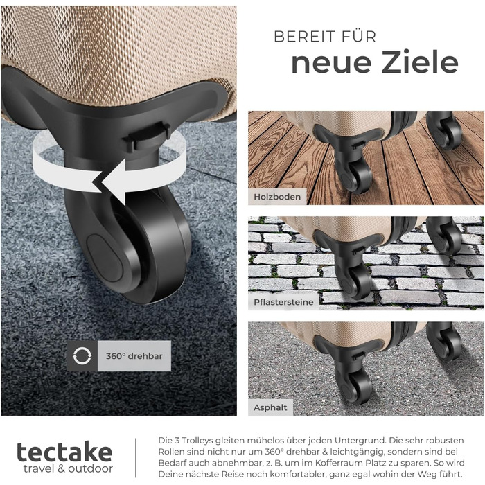 Набір валіз Tectake 3шт з ваговою та ідентифікатором, M-L-XL, ABS, телескопічна ручка, Champagner