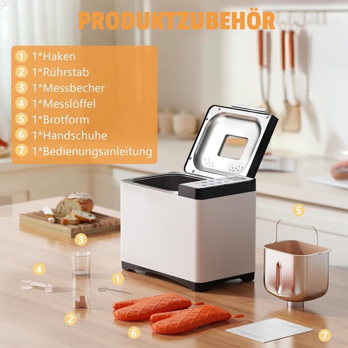 Бротбекмашина Karinear з 20 програмами, рукавичками, таймером на 15 годин, нержавіючою сталлю, 3 розмірами хліба та вибором кольору скоринки (білий, чорний)