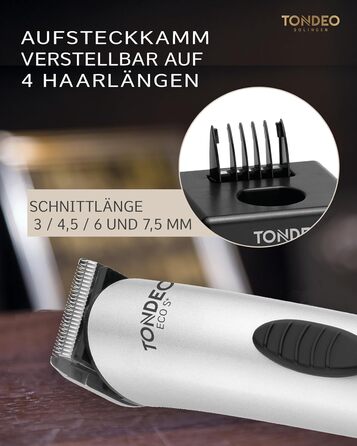 Машинки для стрижки волосся TONDEO ECO S PLUS SILVER Професійна машинка для стрижки волосся із зарядною станцією та гребінцем-насадкою для 4 різних довжин стрижки