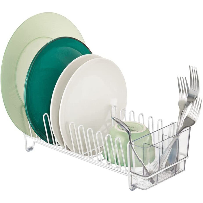 Крапельниця для посуду mDesign-пластиковий піддон для миття-відмінна сушарка - до 15 тарілок столові прилади-31,8 см x 14,0 см x 10,2 см (білий / прозорий)
