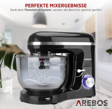 Кухонна машина Arebos 1500W з чашею 6L з нержавіючої сталі, чорна | Змішувач, гак для тіста, вінчик | Кришка від бризок | 6 швидкостей | Кухонний комбайн | Машина для тіста