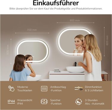 EMKE Дзеркало для ванної кімнати з підсвічуванням 50x90 см овальне з сенсорним вимикачем, 3 кольори світла, регулювання яскравості, антизапарник, функція пам'яті, автоматичне вимкнення через 3 години