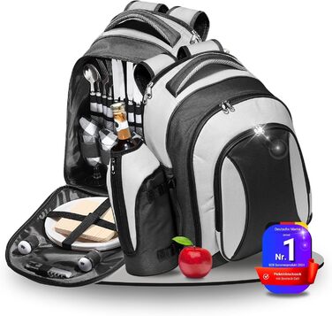 Набір для пікніка на 4 особи - 21 предмет. Водонепроникний рюкзак-холодильник Deluxe з великим відділенням для охолодження, похідний посуд та багаторазовий посуд чорного/сірого кольору