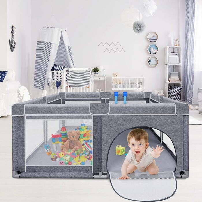 Дитячий манеж Kidsbuddy 127x127 см з протиударною піною, дихаючою сіткою та дверима на блискавці для дому й вулиці