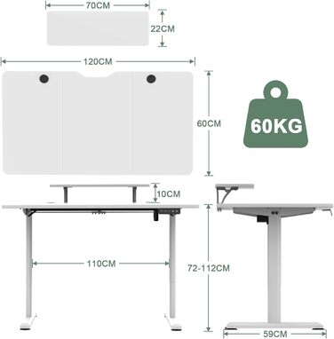 Стіл з регульованою по висоті полицею Ергономічна настільна полиця для монітора, настільний комп'ютерний стіл з підставкою, проста збірка, домашній офіс, білий, 120x60cm
