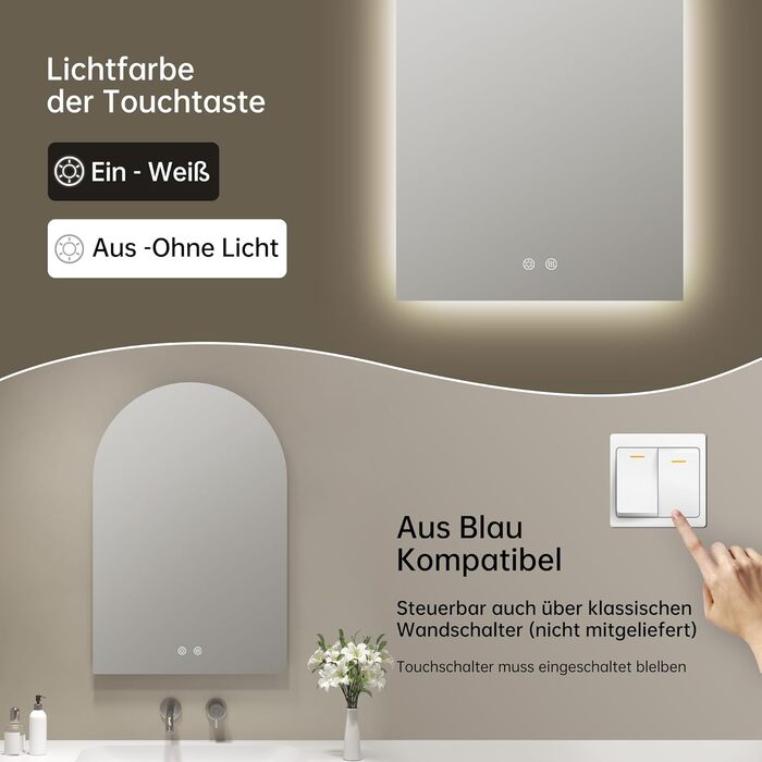 Дзеркало для ванної кімнати OUMUSU з підсвічуванням, 50x75 см, без рами, арочне, антизапотівальне, сенсорне керування, диммування, 3 кольори світла