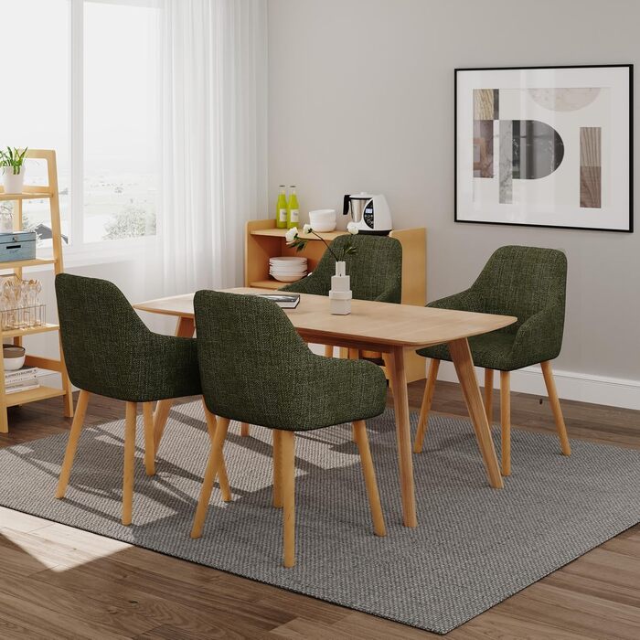 Набір з 4-х стільців для їдальні з підлокітниками, бежевий, з м'яким сидінням та дерев'яними ніжками, з поліестеру