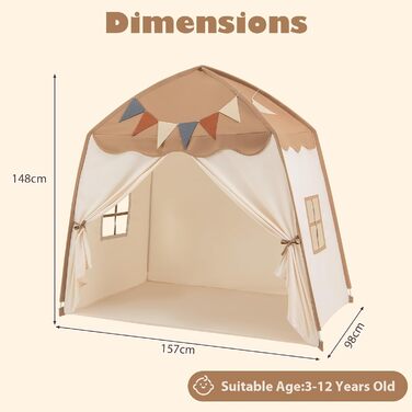 Дитяче намет-будиночок HOMASIS для гри в приміщенні, з 20 зірками, 12 стрічками, килимком, 2 вікнами та шторами, для дівчаток та хлопчиків (колір: коричневий)