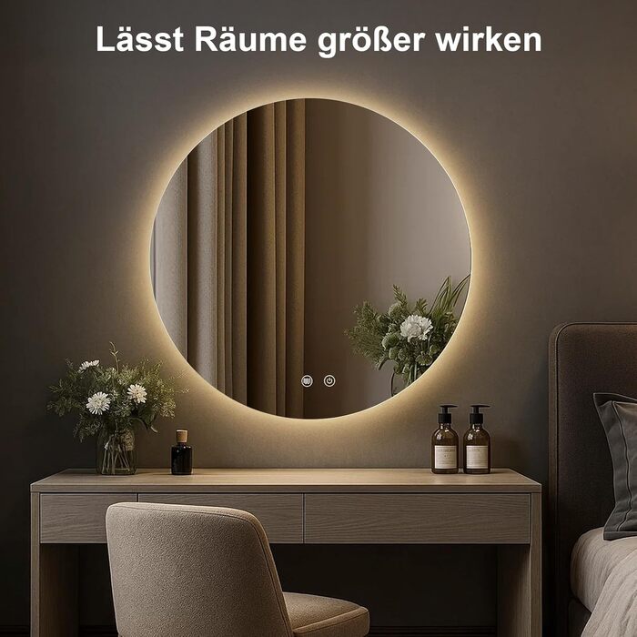 LED дзеркало для ванної кімнати з підсвічуванням, кругле, диммер, 3 кольори світла (3500K-6500K), сенсорне керування, протизапотівання, 80 см, для макіяжу та гоління