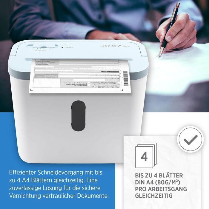 Шредер Genie 440 X II P4: Надійний знищувач документів для дому та офісу | Об'єм кошика 9L, функція Auto-Start-Stop, автоматичне виявлення паперу | Синій