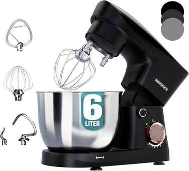 Кухонна машина Heinrichs 1500W з місткою чашею 6L з нержавіючої сталі, 10 швидкостей, набір насадок (міксер, гак для тіста, вінчик)