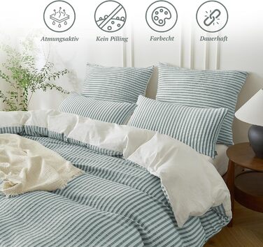 Набір постільної білизни SOULFUL 200x200, бавовна, смугастий дизайн, джакард, екологічна бавовна, бохо стиль, преміум якість, сертифікат Öko-Tex 100, колір деним (темно-зелений & білий), 4-елементний комплект (2x 135*200 см | 2x 80*80 см)