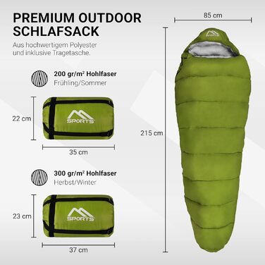 Спальний мішок MSPORTS Premium Outdoor з ременем для перенесення - на вибір для весни/літа (200 г/м) або осені/зими (300 г/м) кемпінгу, подорожей, фестивалю теплий спальний мішок для мумій оливково-зелений 200 г/м - весна/літо