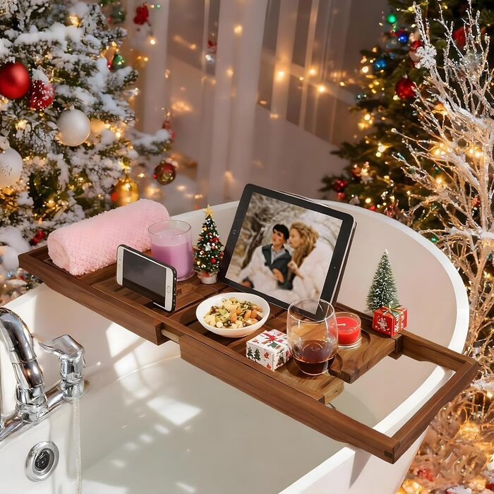Підставка для ванни VaeFae з текового дерева, регульована, з тримачем для напоїв та книг, висувна, з безкоштовною тековою щіткою для тіла