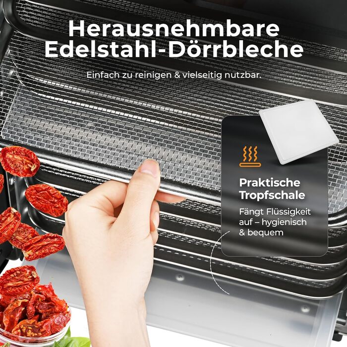 Електрична сушарка для фруктів та овочів Balter з нержавіючої сталі, 12 ярусів, 1100 Вт, 70 л об'єм, 12000 см² поверхня сушіння, BPA-free, 35–75 °C, таймер до 72 год