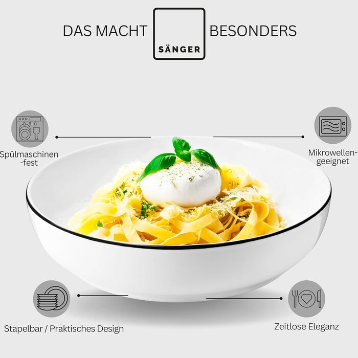 Набір чашок з блюдцем SÄNGER 12 шт., 6 чашок для кави, порцеляновий сервіс, білий з чорними акцентами, 200 мл | PREMIUM COLLECTION (Паста-тарілки 6 шт.)