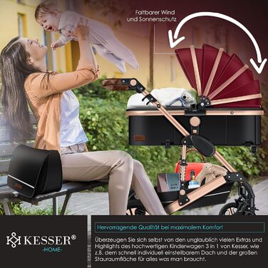 KESSER® Loops - Коляска 3в1 Комбінована з люлькою, прогулянковим блоком та автокріслом. Повний комплект з ванною для новонароджених, сумкою для пеленання, дощовиком та столиком. Чорний колір. Відповідає стандарту ECE R129.