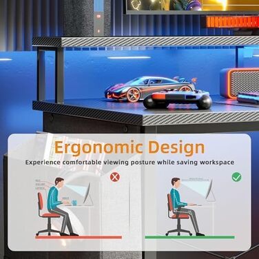 Комп'ютерний кутовий стіл BEXEVUE з розеткою та LED-підсвіткою, 120x70 см. Ергономічний кутовий стіл з полицями, регульований, для роботи та ігор, чорний колір.