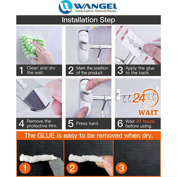 Гак-планка Wangel кухонні гаджети підвісна планка 7 гачків без свердління, запатентований клей самоклеючий клей, алюміній, килимок