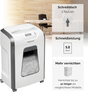 Fellowes знищувач паперу P4, 12 листів, перехресне різання, 19 л кошик, для офісу та дому, FS-12C, знищення кредитних карт, білий