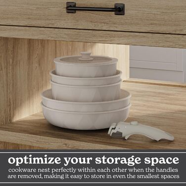 Набір посуду Rhombus 13 предметів: каструлі та сковорідки з антипригарним покриттям, знімні ручки, для кемпінгу та приготування їжі в духовці, кремовий