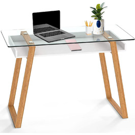 Письмовий стіл білий зі скляною стільницею та бамбуковою рамою