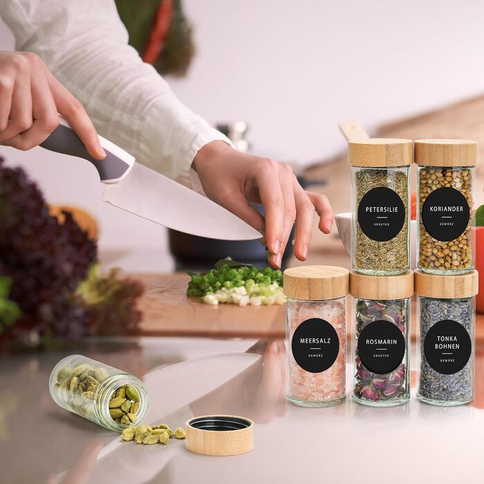 Набір баночок для спецій 24 шт. по 100 мл з бамбуковими кришками та етикетками | Набір для зберігання спецій, баночки для спецій, 24 шт.